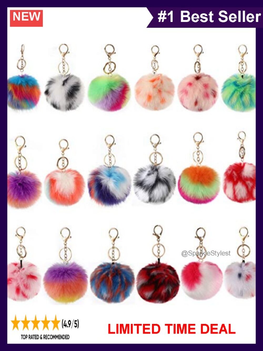 18PCS Faux Rabbit Fur Pom Pom Keychains Gold Metal Rings - Picture 1 of 3